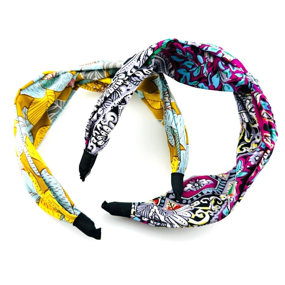 Pair of 2 Colorful Bohemian Top Knot Headbands Cotton Blend 2.25" Wide
